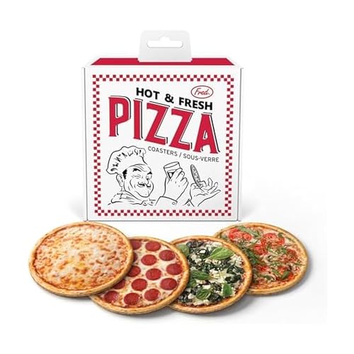Genuine Fred Hot and Fresh Pizza-Untersetzer, Set mit 4 realistischen Getränkeuntersetzern im Pizza-Stil, MDF und Kork, verpackt in authentisch aussehender Mini-Pizza-Box, lustiger und funktionaler von Genuine Fred