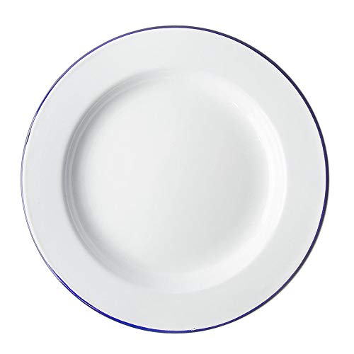 Genware 45024 Emaille breitem Rand Teller, 24 cm, weiß/blau von Genware