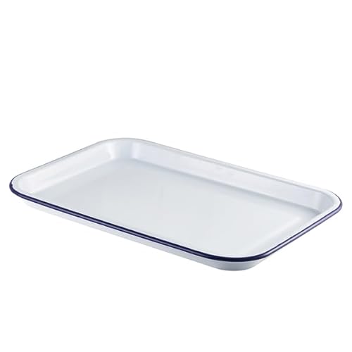 Genware Enamel Serving Tray White with Blue Rim 38.2x26.4x2.2cm von Genware