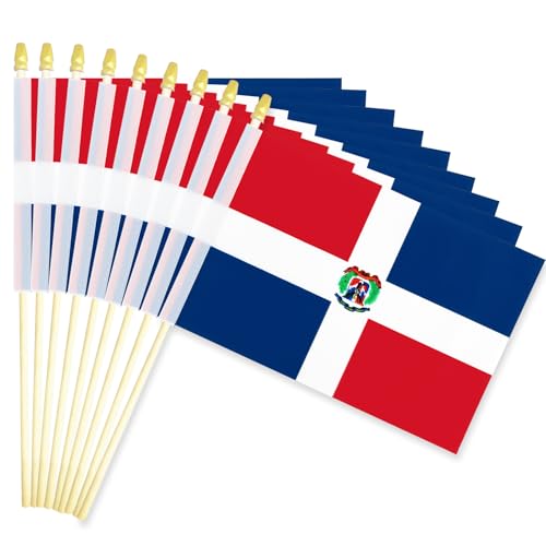 20 Stück Handflaggen der Dominikanischen Republik 12,7 x 20,3 cm – kleine Dominikanische Flaggen auf Holzstäben mit goldener Speerspitze, Mini-Dominikanische Länderflagge für Unabhängigkeitstag von Geodurn