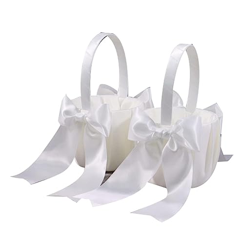 Geofray 2er-Pack Weißer Hochzeitskorb für Blumenmädchen, Süßer Blumenmädchenkorb Aus Satin von Geofray
