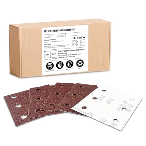GEOGIEEW 70 Stück Schleifpapier Klettscheiben-Kit, 150 Körnung 6 Löcher 115x101mm für Schwingschleifer GEOGIEEW 70 Stück Schleifpapier Klettscheiben-Kit, 150 Körnung 6 Löcher 115x101mm für Schwingschleifer von Geogieew