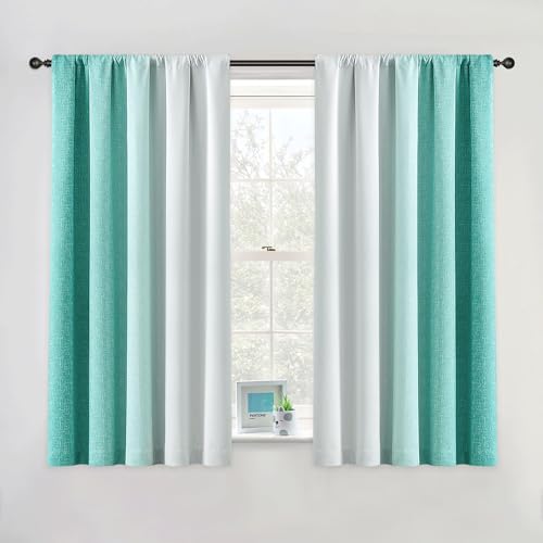 Geomoroccan Ombre Vollverdunkelungsvorhänge, 137 cm Länge, Blaugrün und Weiß, 2 Farbtöne, wendbare Fensterbehandlungen für Schlafzimmer, Wohnzimmer, Leinen-Farbverlauf, 132.1 cm Breite, 2 Paneel-Sets von Geomoroccan