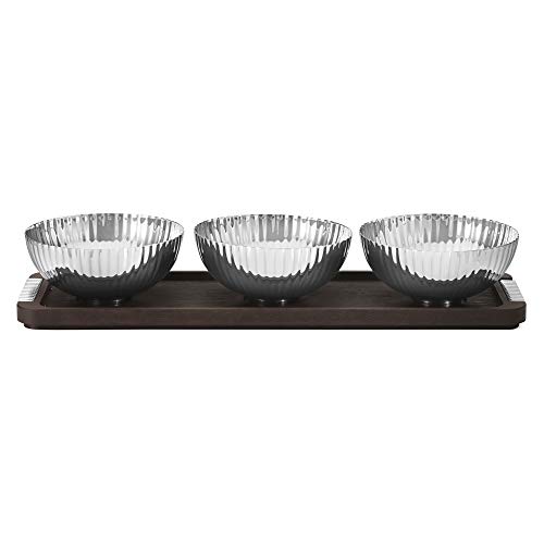 Georg Jensen Bernadotte Tripple Bowl Set In Stand Wood & Stainless Steel von Georg Jensen