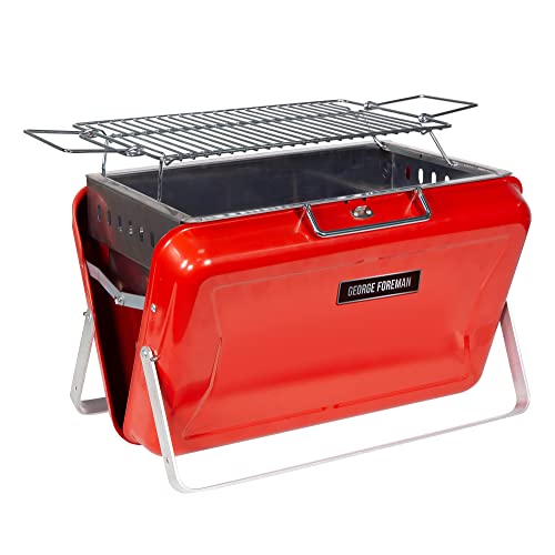 George Foreman Tragbarer Holzkohlegrill für unterwegs, tragbar, stabile faltbare Beine, praktischer Griff, leicht, Camping, rot, GFPTBBQ1005R von George Foreman