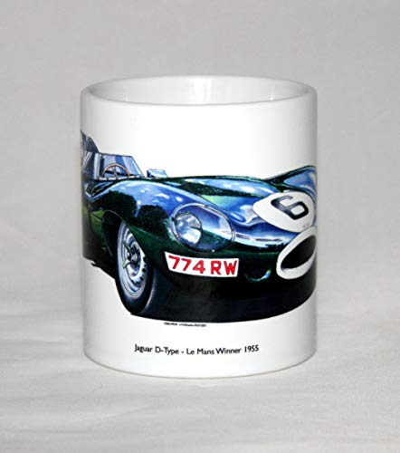 George Morgan Illustration Oldtimer-Becher. Jaguar D-Type 1955 Le Mans 24-Stunden-Rennsieger Mike Hawthorn und Ivor Bueb von George Morgan Illustration
