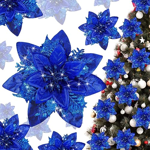 12 Stück Glitzer Weihnachtsstern Künstliche Xmas Blume Ornamente Blumen Dekorationen mit Clips und Stielen Glitzer Weihnachtsstern Weihnachtsbaum Ornamente für Weihnachten Hochzeit (Pure Royal Blue) von Geosar