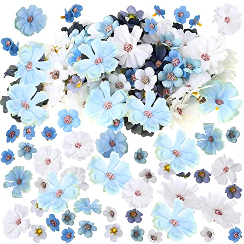 120 Stück Mini-Blumen zum Basteln, künstliche Blumenköpfe, künstliche kleine Stoffblumen, Gänseblümchen, Pfingstrosen, Blumendekorationen, Girlande, DIY-Kranz, Party, Dekoration (blaue Serie) von Geosar