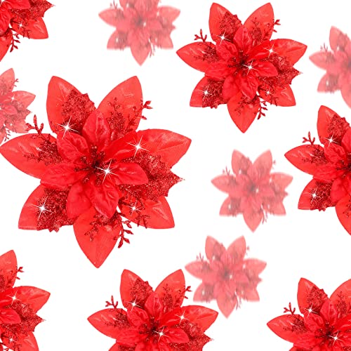 24 Glitzer Weihnachtsstern Blumen Künstliche Weihnachten Blumen Ornamente Hochzeit Blume Deko Weihnachtsbaumschmuck mit Clip für Geschenk, 6 Zoll, 4 Zoll, 3 Zoll (Rot) von Geosar