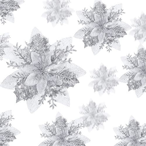 24 Stück Weihnachten Glitzer Künstlich Poinsettia Blumen Weihnachtsstern Künstlich Hochzeit Blumen Dekoration Weihnachtsbaum Ornamente mit Clips, 6 Zoll, 4 Zoll, 3 Zoll (Silber) von Geosar
