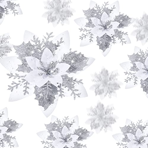 24 Stück Weihnachten Glitzer Künstlich Poinsettia Blumen Weihnachtsstern Künstlich Hochzeit Blumen Dekoration Weihnachtsbaum Ornamente mit Clips, 6 Zoll, 4 Zoll, 3 Zoll (Silber und Weiß) von Geosar