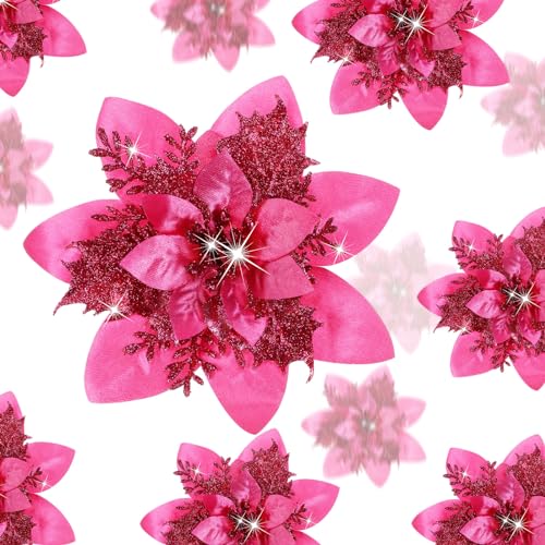 24 Weihnachten Künstliche Glitzer Weihnachtsstern Blumen Künstlich Weihnachtsblumen Hochzeit Dekoration Blumen Weihnachtsbaumschmuck mit Clips, 6 Zoll, 4 Zoll, 3 Zoll (Fuchsie) von Geosar
