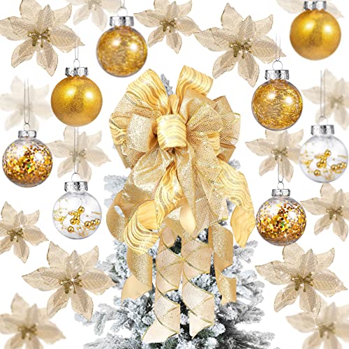 49 Stück Weihnachtsbaum Deko Set mit Weihnachtsbaumspitze 24 Stück Glitzer Weihnachten Blumen in 3 Größen 24 Stück 2,36 Zoll Weihnachtskugel Ornamente für Feiertag Party Deko (Gold) von Geosar