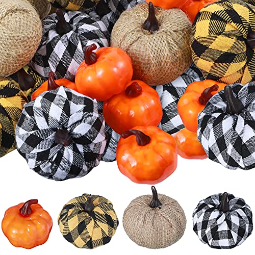 Geosar 18 Stücke Buffalo Plaid Kürbis Dekor Halloween Künstlicher Kürbis Künstliche Kürbisse Herbst Dekor Dekorative Herbst Kürbisse für Erntedankfest Rustikal Bauernhaus Indoor Outdoor Dekor von Geosar