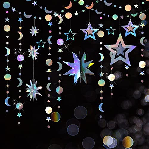 Irisierende Mond Stern Girlande Luftschlange, Bling Bling 3D Funkeln Kleine Sterne Girlande Hängende Metallische Kreis Punkt Girlande für Baby Shower Geburtstag Kinderzimmer Dekoration von Geosar