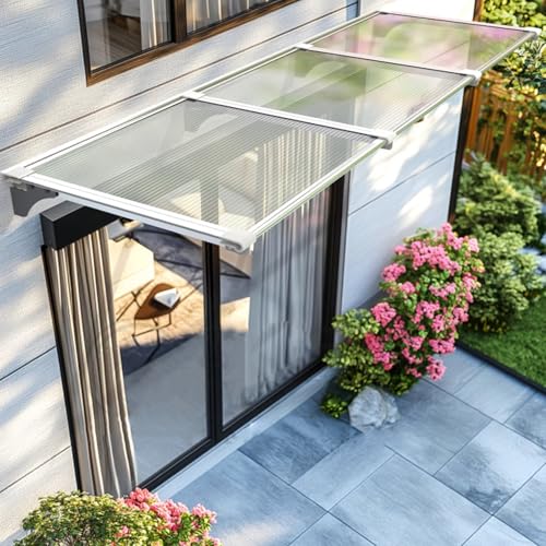 Geovne Transparentes Türvordach,Selbstreinigendes Fenster-Regenschutz Markise,Vordach Haustür,UV-beständige Polycarbonat Platte,Türdach für Draußen,mit Aluminiumhalterung (65x360cm/26 x142) von Geovne