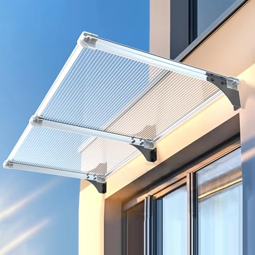 Geovne Türvordach aus Polycarbonat,Transparentes Pultbogenvordach Schutz vor Regen,Hagel und UV-Strahlen,Terrasse Veranda Haustür Überdachung,mit Aluminiumhalterung (90x460cm/35 x181) von Geovne