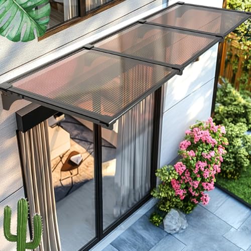 Haustür Überdachung,Sonnenschutz Türvordach,Pultbogenvordach Schutz vor Regen,Hagel und UV-Strahlen,Regenschutz Markise aus Aluminium und Polycarbonat,für Fenster Draußen (80x460cm/31 x181,Brown) von Geovne