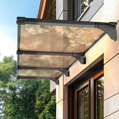 Moderne Polycarbonat-Abdeckung,Pultbogenvordach,Haustürvordach,Regenschutz Markise,Fenster-Türüberdachung,UV-beständige Baldachin,Braune und Schwarze Halterung (65x240cm/26 x94) von Geovne