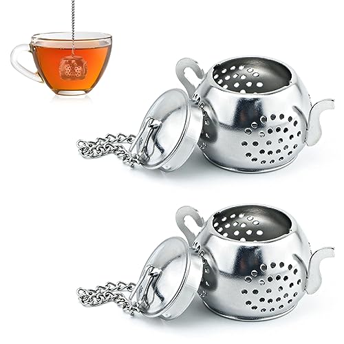 Geoyien Teesieb Edelstahl, tee sieb, teefilter edelstahl, Metall Teefilter mit Ketten und Teeauflage, Teebrüher Tee-Ei Gewürzsieb Teekanne Form für Tee Tassen Trinkflaschen (2Pcs, Silber) von Geoyien