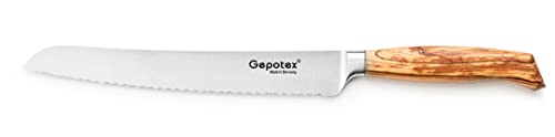 Gepotex ® Brotmesser 23cm Klinge, Griff aus Olivenholz - Klinge aus Chrom Vanadium Molybdän Stahl 57 HRC - Made in Germany von Gepotex