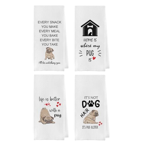 Geqtt Lustige Mops-Geschirrtücher – Mops-Waffelgewebe Küchentücher, Mops-Geschenk, Geschirrtuch, Mops-Geschenk, Handtuch, Mops-Geschenke für Mops-Liebhaber (40,6 x 61 cm, 4 Stück) von Geqtt