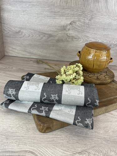 Ger3as 2er-Set: Gourmet Geschirrtücher Küchenhandtücher (Leinen/Baumwolle) Handtücher Tücher 50x70 cm Halbleinen Stonewashed Jacquard oder Bedruckt Geschirrtücher (Jacquard-Handtuch Katzen SCHWARZ) von Ger3as