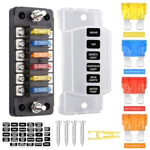 6 Fach Sicherungshalter, 12 Sicherungen Flachsicherungen, Auto Sicherungen Set mit 5A, 10A, 15A, 20A Autosicherungen, mit Staubdicht Cover und DIY Aufkleber, für DC 12V/24V Auto LKW 6 Fach Sicherungshalter, 12 Sicherungen Flachsicherungen, Auto Sicherungen Set mit 5A, 10A, 15A, 20A Autosicherungen, mit Staubdicht Cover und DIY Aufkleber, für DC 12V/24V Auto LKW von Gerbala