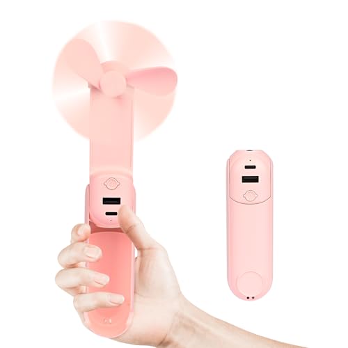 Gerbala 5 in 1 Mini-Ventilator, USB Wiederaufladbarer Taschenventilator, 30 Arbeitsstunden, Powerbank, Taschenlampe, Spiegel, Handyhalter für den Sommer im Freien, Tragbarer Handventilator (Rosa) von Gerbala