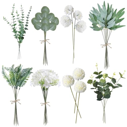 Gerbala 55 Stück Künstliche Zweige & Kunstblumen, 8 Arten von Faux Pflanzen und Gefälschte Blumen, Kunstblumenstrauss Eukalyptus Hortensien für DIY Blumenstrauß Brautstrauß Hochzeit (Weiß) von Gerbala