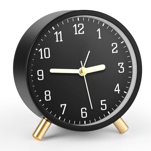 Gerbala Klassischer Analog Wecker Ohne Ticken mit Schlummerfunktion, Super Silent Non Ticking mit Nachtlicht, Batteriebetrieben, Modischer Runder Metall Wecker (Schwarz) von Gerbala