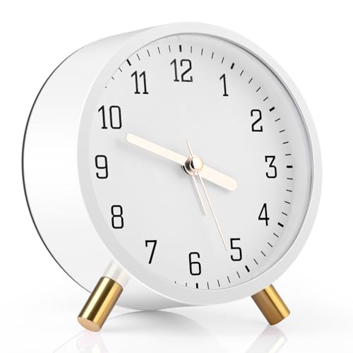 Gerbala Klassischer Wecker Analog Ohne Ticken mit Schlummerfunktion, Super Silent Non Ticking mit Nachtlicht, Batteriebetrieben, Modischer Runder Metall Wecker (Weiß) von Gerbala