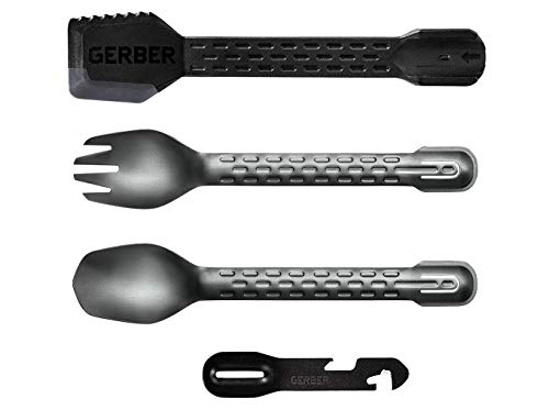 Gerber Gear ComplEAT Campingbesteck Set für Outdoor Kochen, Campingbesteck mit Gabel, Löffel, Zange, Spatel und Multifunktionswerkzeug, Onyx Schwarz von Gerber