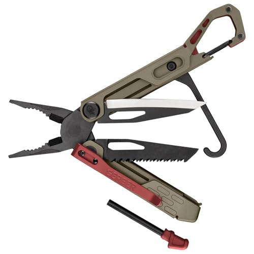 Gerber Multi-Tool mit 10 Funktionen, Stakeout Spark, Camping-Tool mit Frame-Lock Verriegelung, Zange, Feuerstarter, Karabiner u.v.m., Coyote Brown, 1070226 von Gerber