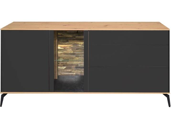 Lowboard MÄUSBACHER, anthrazit matt lack, asteiche, B:169cm H:65cm T:42cm, Sideboards, Faro Lowboard B 169 cm, inkl.Beleuchtung, Push to open, Metallfüße von Gerd-Mäusbacher