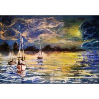 Sonnenuntergang Mit Acryl, Original Größe, Abstraktes Meer, Spachtel Technik Eingerahmtes Bild von GerginaArt