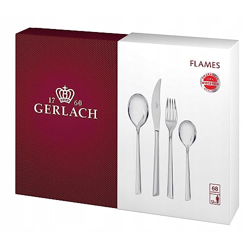 Gerlach Flames Besteck-Set 12 Personen Spülmaschinenfest Essbesteck Edelstahl Elegantes Tafelbesteck Messer Gabel Löffel Teelöffel Kuchengabel Soßenlöffel Kuchenspachtel Glänzend Rostfrei 68 Stk von Gerlach