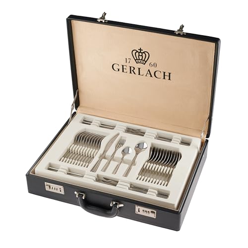 Gerlach Flames Besteck-Set 12 Personen Spülmaschinenfest Essbesteck Edelstahl Elegantes Tafelbesteck Messer Gabel Löffel Teelöffel Kuchengabel Soßenlöffel Kuchenspachtel Glänzend Rostfrei 68 Stk von Gerlach