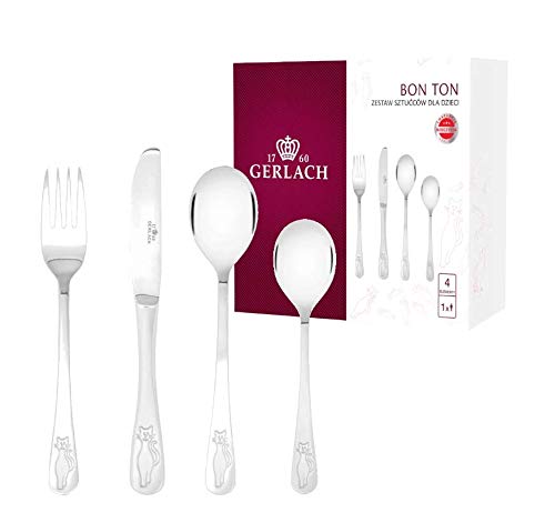 Gerlach Bon Ton Gerlach Besteck-Set für Kinder Spülmaschinenfest Essbesteck aus Edelstahl Tafelbesteck mit Katzenmuster Messer Gabel Löffel Kleiner Löffel Glänzend Rostfrei von Gerlach