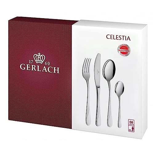 Gerlach Celestia Besteck-Set 12 Personen Spülmaschinenfest Essbesteck Edelstahl Tafelbesteck Messer Gabel Löffel Teelöffel Kuchengabel Soßenlöffel Kuchenspachtel Glänzend Rostfrei 68 Stk von Gerlach