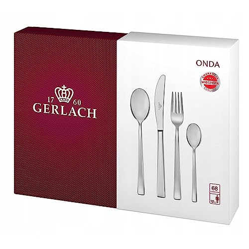 Gerlach Onda Besteck-Set 12 Personen Spülmaschinenfest Essbesteck Edelstahl Tafelbesteck Messer Gabel Löffel Teelöffel Kuchengabel Soßenlöffel Kuchenspachtel Glänzend Rostfrei 68 Stk von Gerlach