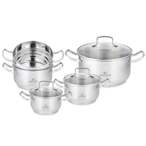 Gerlach Simple Topf-Set aus Edelstahl Kochtopf Töpfe mit Deckel Induktion Induktiontopf Kochgeschirr Induktionsgeeignet mit Dampfer-Topf 4 Stück 1,5 L 16 cm 2,0 L 18 cm 2,5 L 20 cm 4,5 L 24 cm von Gerlach