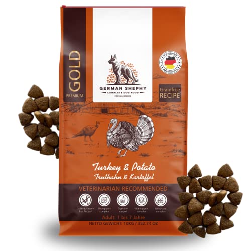 German Shephy Dog Food | 10kg | Getreidefreies Hundefutter trocken | Hypoallergen | Für Fell, Gelenke & Immunität | Truthahn & Kartoffel | Mit hohem Fleischanteil | Leicht verdaulich (10kg) von German Shephy Complete Dog Food