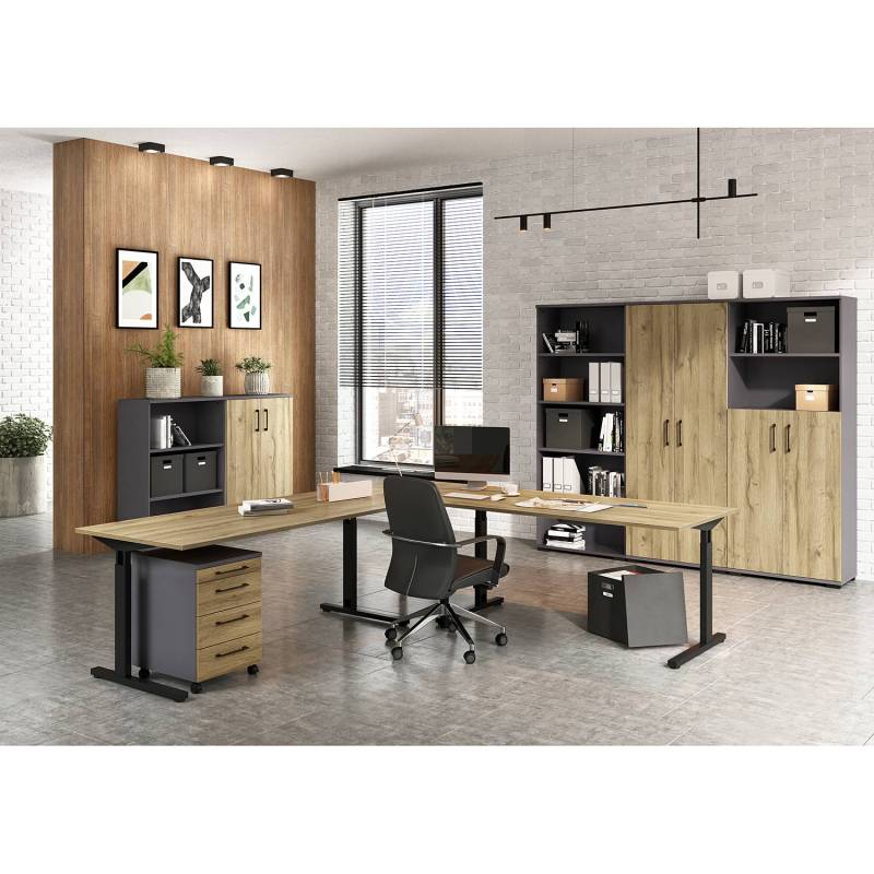home24 Aktenschrank GW-Profi 2.0 I 80 x 123 x 40cm Braun/Grau/Eiche Grandson Dekor/Graphit von home24