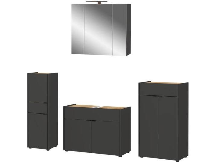 Badmöbel-Set GERMANIA Ameca , grau (graphit, navarra, eiche, nachbildung, glas), B:200cm H:200cm T:34cm, Glas, Spanplatte, Kastenmöbel-Sets, Badezimmer-Set: Waschbeckenunterschr., Spiegelschr., Kommode & Schrank von Germania