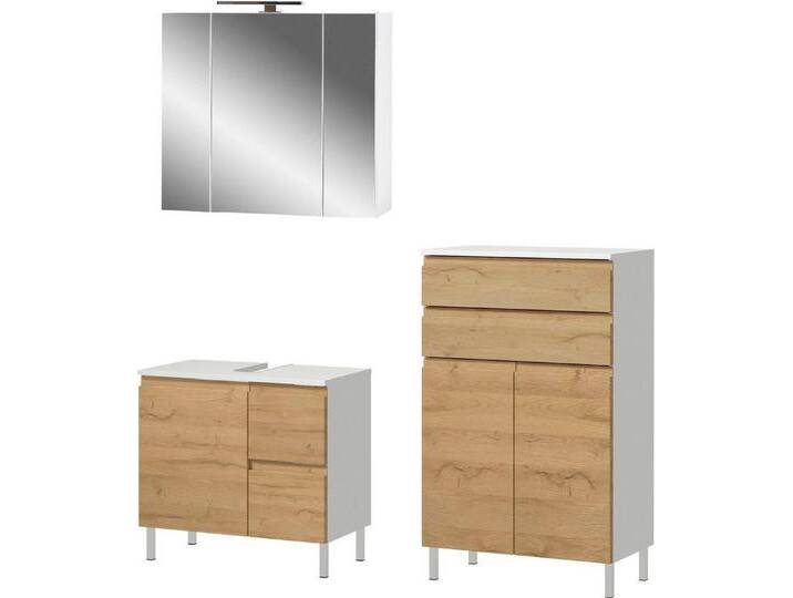 GERMANIA Badmöbel-Set Torrance, (3-St), Waschbecken-Unterschrank, Spiegelschrank mit Beleuchtung und Kommode, braun von Germania