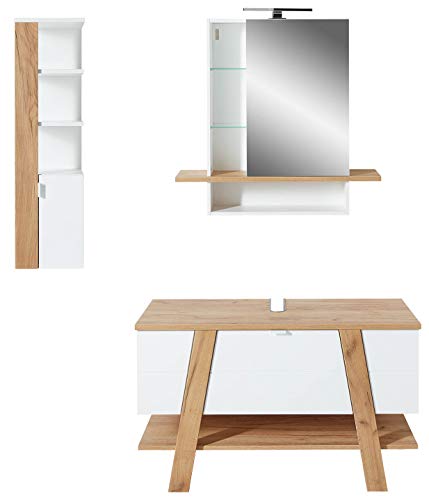 Germania 3-TLG. Badezimmer-Set 8304-513 GW-Novolino, inklusive WB-Unterschrank, Spiegelschrank und Regal, im Dekor Weiß/Navarra-Eiche-Nb. von Germania