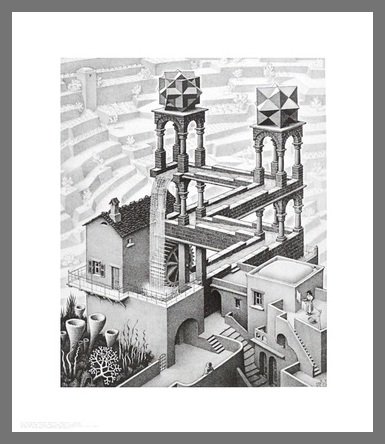 Germanposters MC Escher Poster Kunstdruck Bild Wasserfall im Alu Rahmen in Champagne 71x61cm von Germanposters