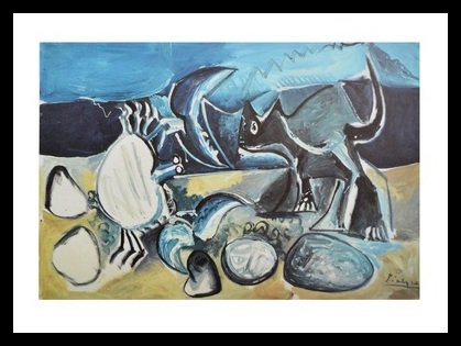 Germanposters Pablo Picasso Poster Kunstdruck Bild Chat et Crabe sur la Plage im Alu Rahmen in schwarz 56x76cm von Germanposters