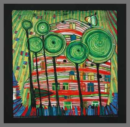 Hundertwasser Blobs Grow in Beloved Gardens Poster Kunstdruck Bild im Alu Rahmen in Champagne 48x48cm von Germanposters